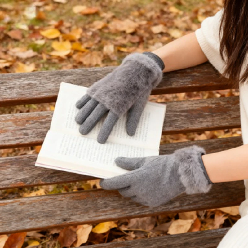 

Женские зимние перчатки из кроличьего меха, утолщенные ветрозащитные перчатки на бархатной подкладке, теплые замшевые перчатки для верховой езды с защитой от холода и сенсорным экраном