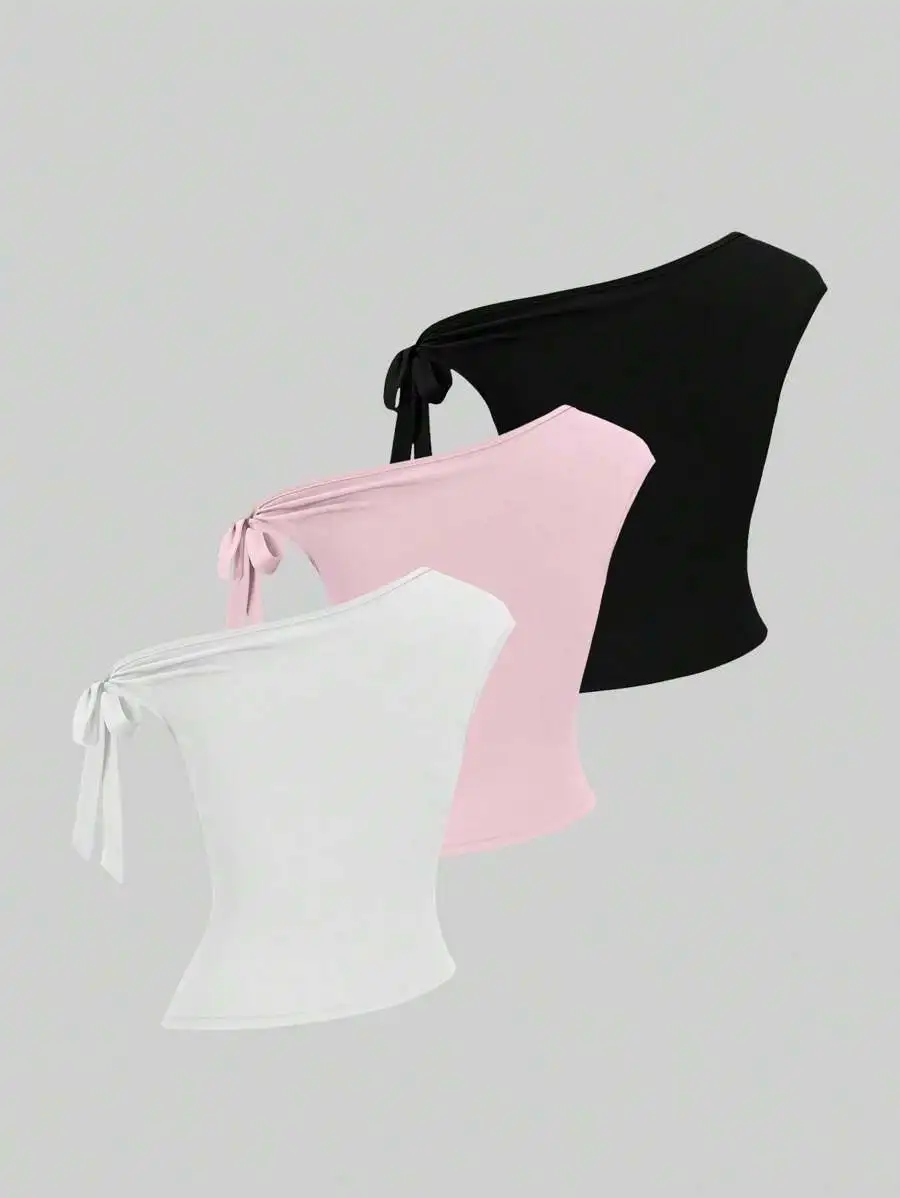 3-Pack T-Shirts - Women's Solid Color One-Shoulder Casual T-Shirts - Suitable for Everyday Wear