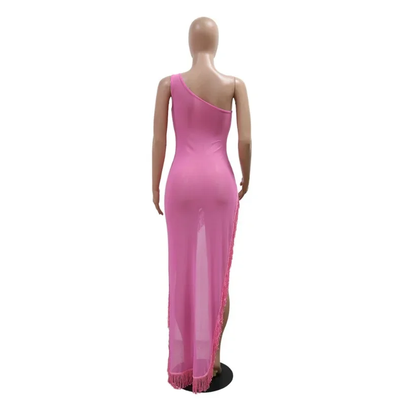 Donne nappa diamanti maglia trasparente Maxi abito da sera asimmetrico Sexy una spalla senza maniche Clubwear abito lungo Vestidos