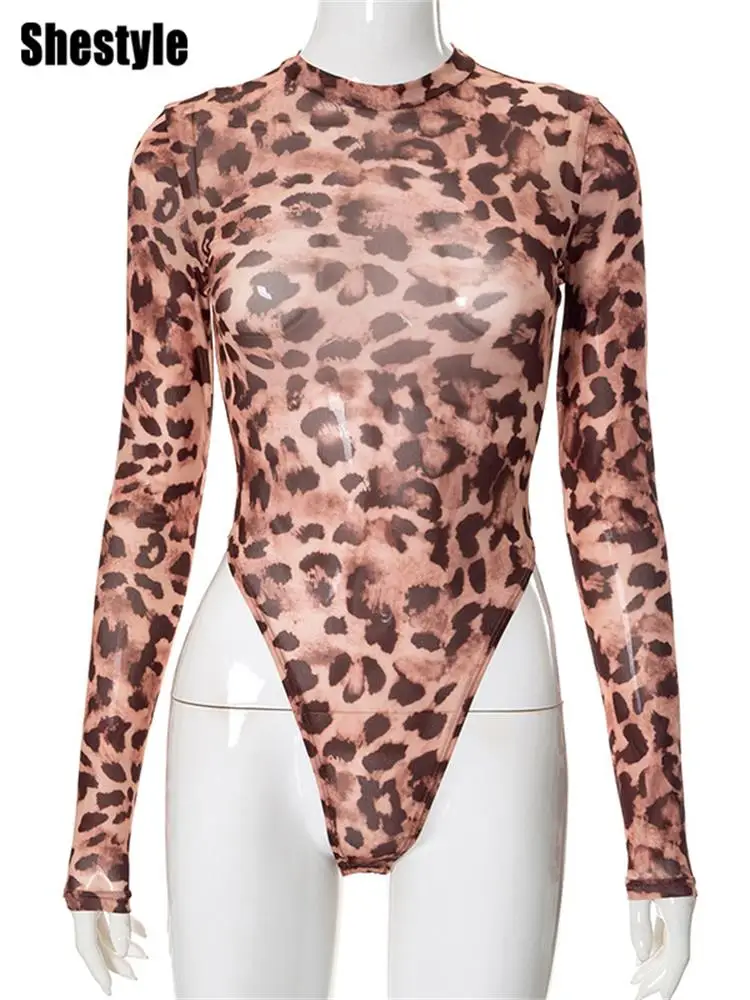 Shestyle-body de malla con estampado Tie Dye para mujer, lencería básica de leopardo verde negruzco, camiseta Sexy transparente, 2024