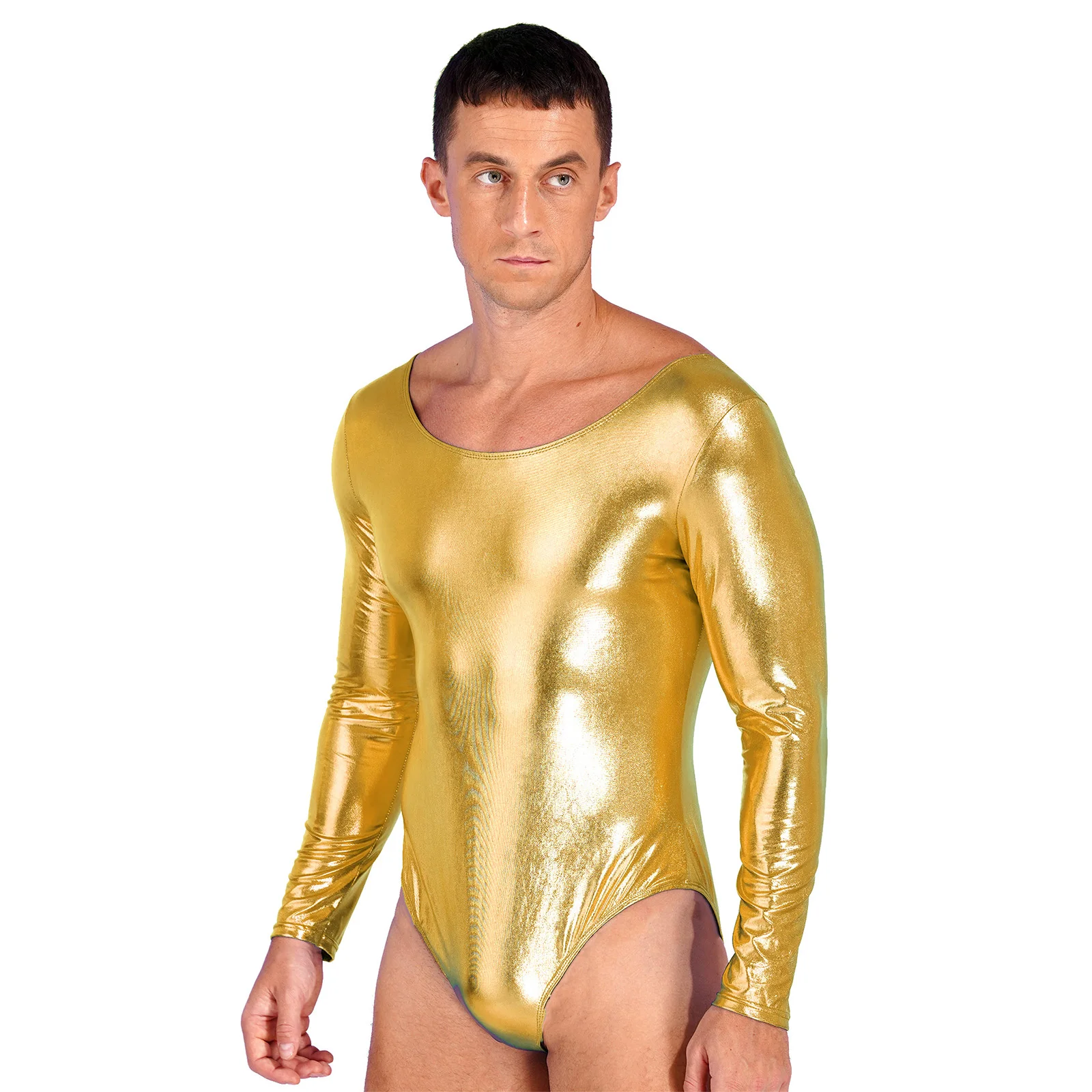 Mens  Shiny Patent Leather Bodysuit Lingerie One-piece Monokini Bodycon CostumeLong Sleeves Gymnastic Leotard Festival Dancewear