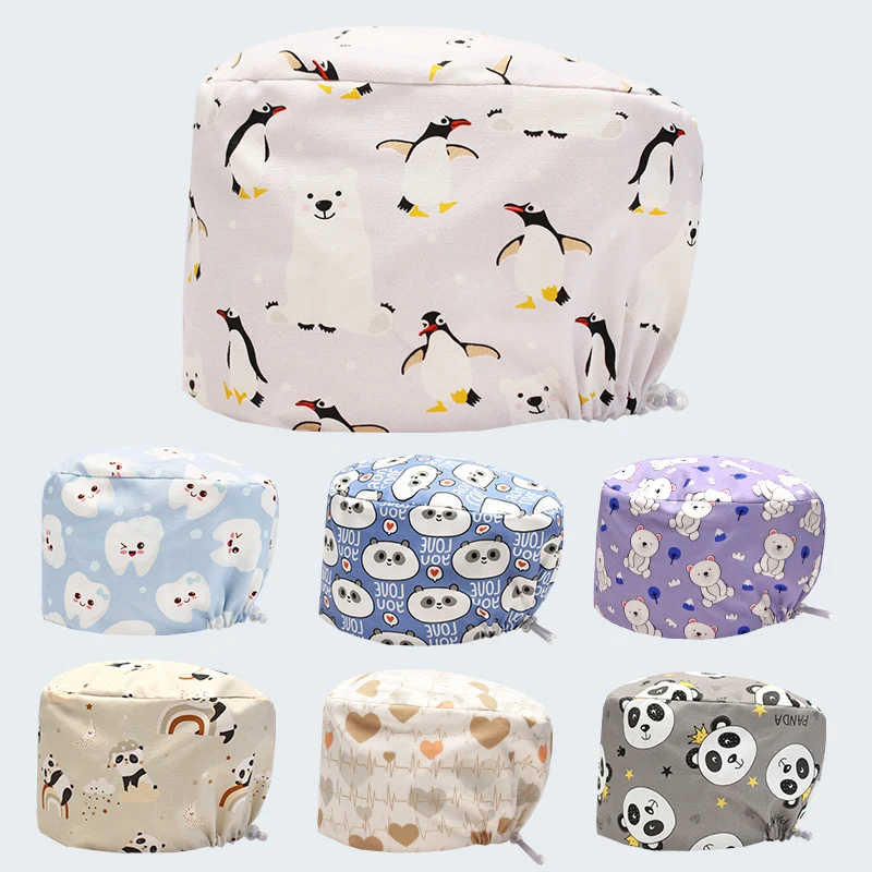 

Cute Animals Printed Medical Scrub Caps Clinic Nurse Hat for Long Hair Unisex Pet Hospital Nursing Hat Cotton Surgical Hats K980