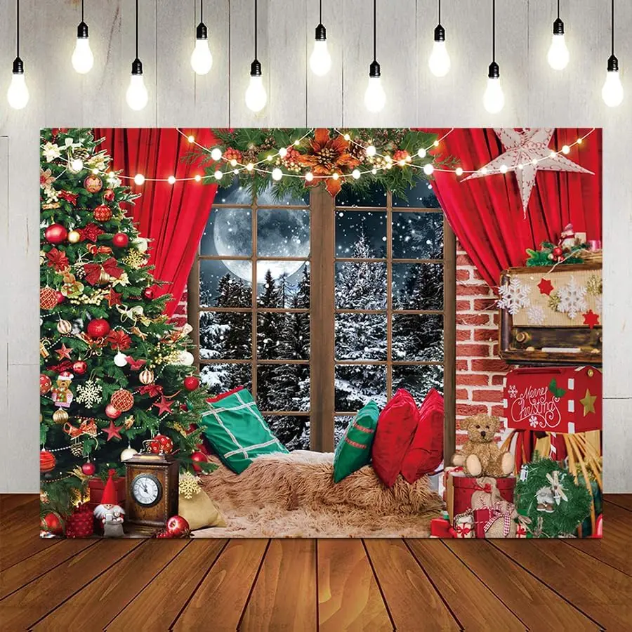 Christmas Window Background Red Curtain Winter Snow Xmas Tree Gift New Year party photo background photography backdrop studio