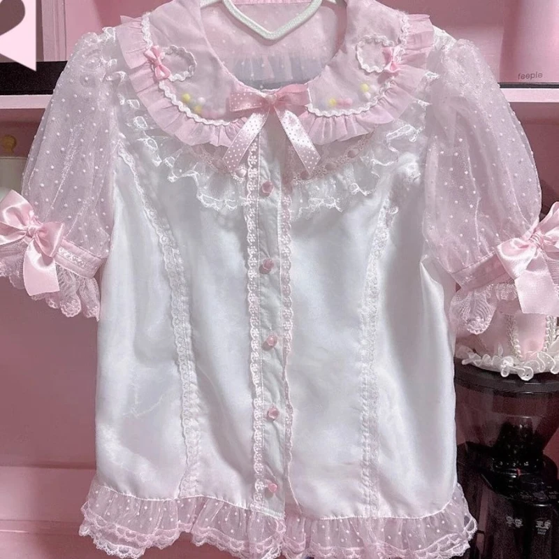 

Design Sweet Lace Loose Bow Lovely Shirt Women Design Elegant Kawaii Short Sleeve Pink T-Shirts Female Pretty Chic Lolita Tops