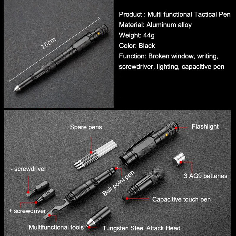 Alloy Metal Personal Tactical Pen with Emergency LED Light Window Breaker Touch Pen Writting Screwdriver Self Defense EDC Tool