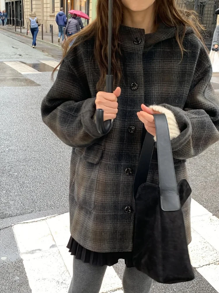 

Двустороннее шерстяное пальто в клетку в стиле ретро, женское повседневное однобортное пальто с капюшоном и длинными рукавами, 2025 г., женская повседневная верхняя одежда для поездок на работу