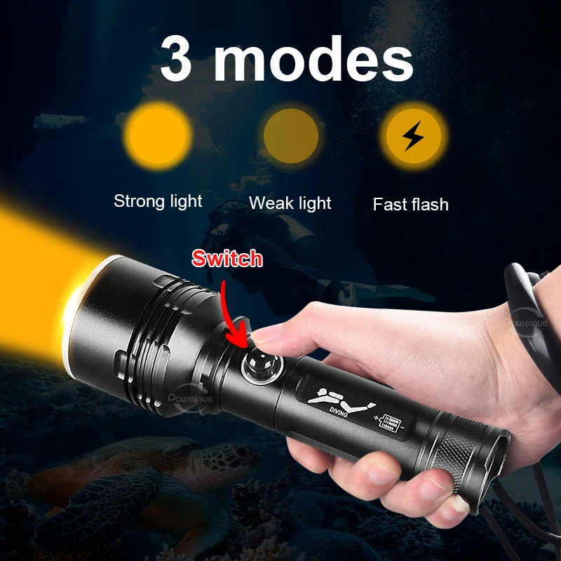 IPX8 Professional Diving Light Super Bright Diving Flashlight 18650 Waterproof Scuba Torch Underwater Lantern