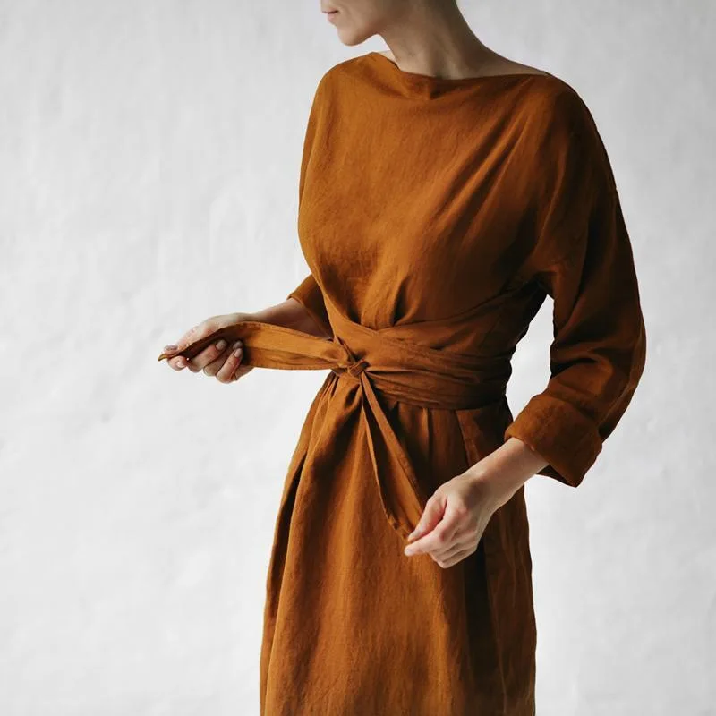 

2025 New Solid Color Vintage Cotton Linen Long Dress Long Sleeve One-Sleeve Neck Tie Belt Dress