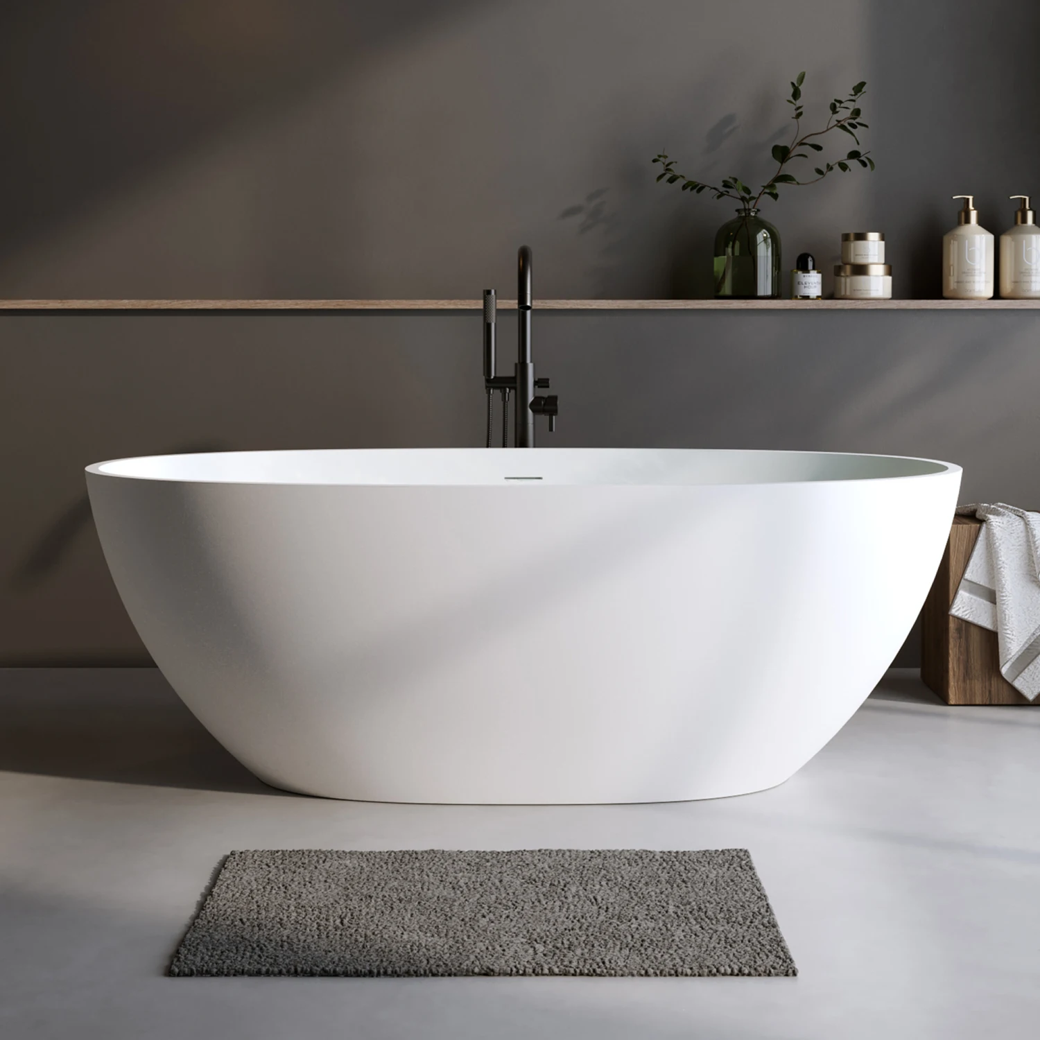 59'' Solid Surface Matte Tub, Solid Surface Soaking Tub, Stone Resin Freestanding Bathtub, Thick Edge Stand Alone Tubs with Over