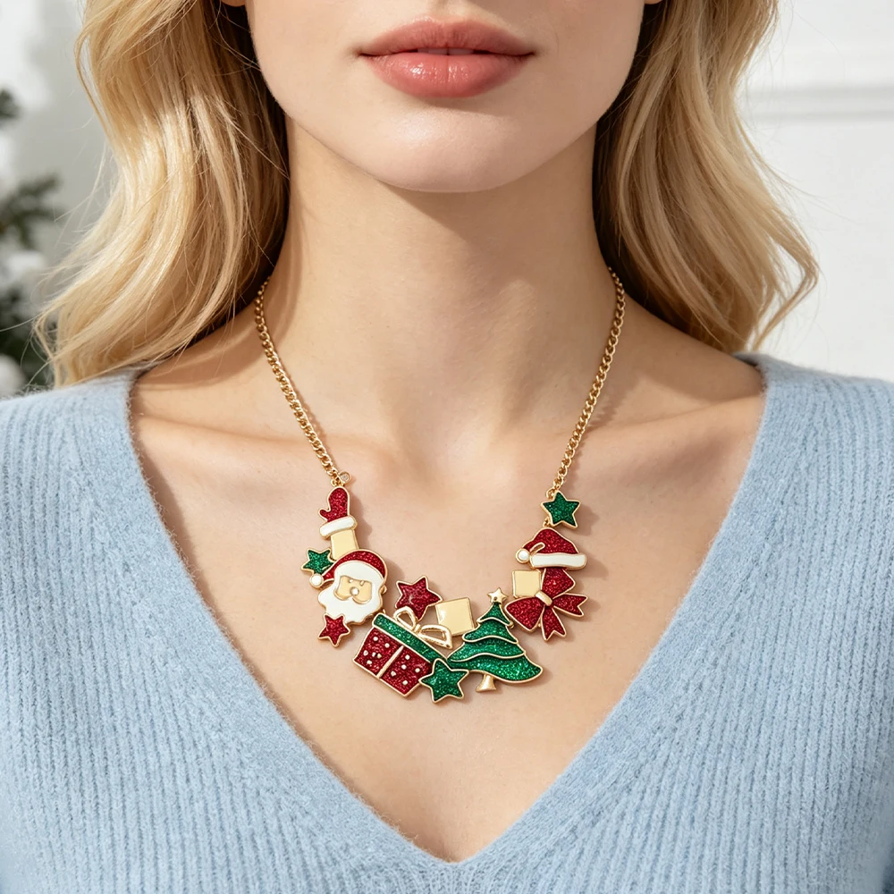 Christmas Themed Enamel Necklace Santa Claus Christmas Tree Gift Box Pendant Holiday Women's Decorative Necklace