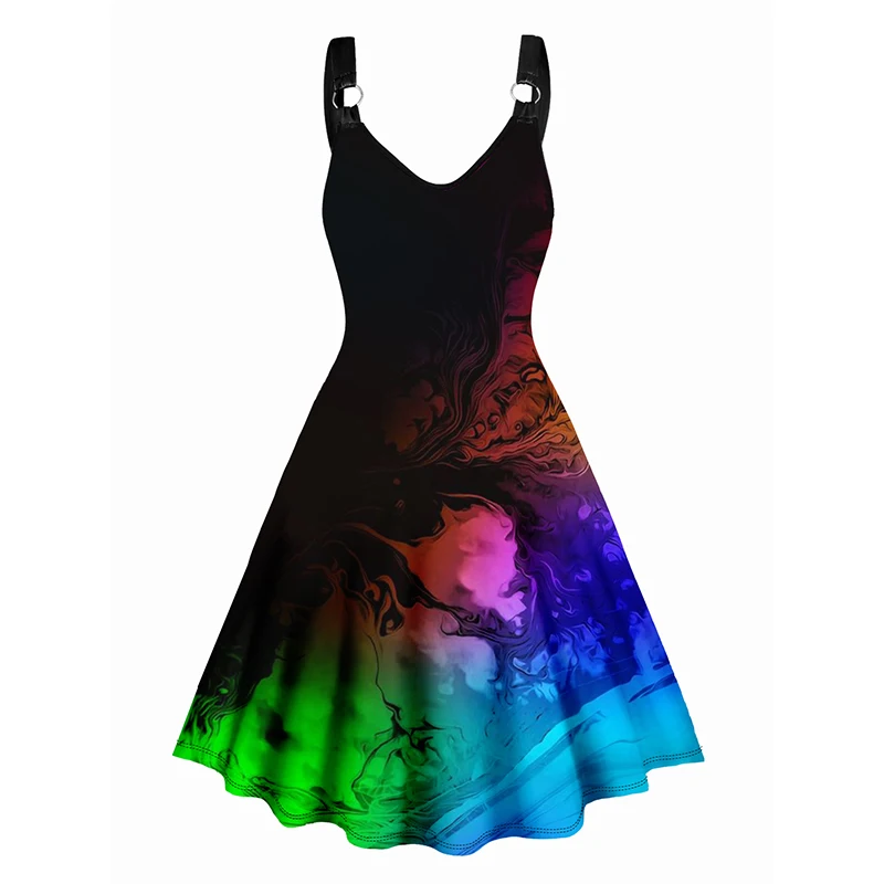 

Dressfo Women Colorful Print V Neck Dress O Ring Straps Sleeveless A Line Summer Dress Sexy Black Sundresses