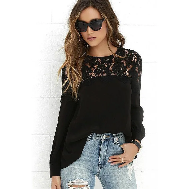 

Women's Black Lace Panel Round Neck Long Sleeve Loose Fit Elegant Casual Daily Fashion Blouse Top