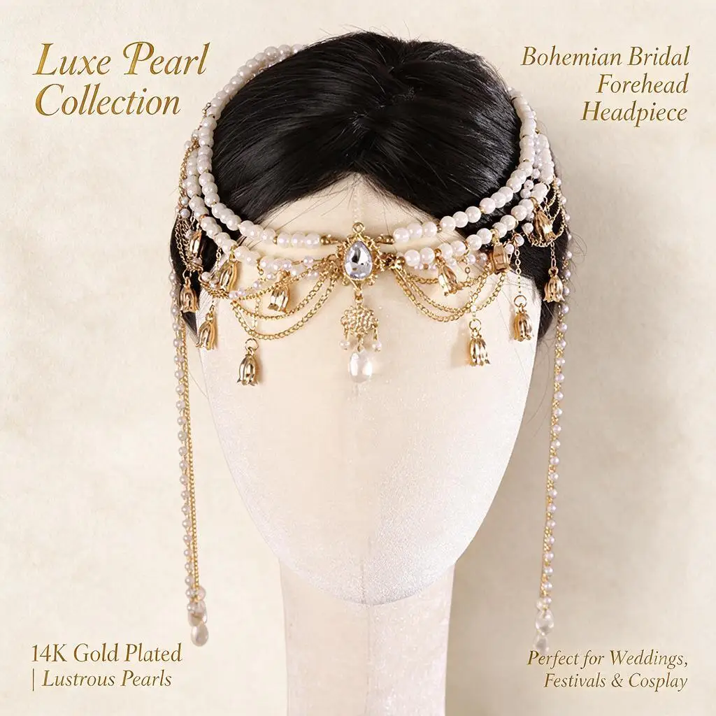 Vintage Pearl Tassel Exotic Princess Headpiece Crystal Teardrop Forehead Chain For Hanfu Travel Photo Cosplay Party Hair Jewelry