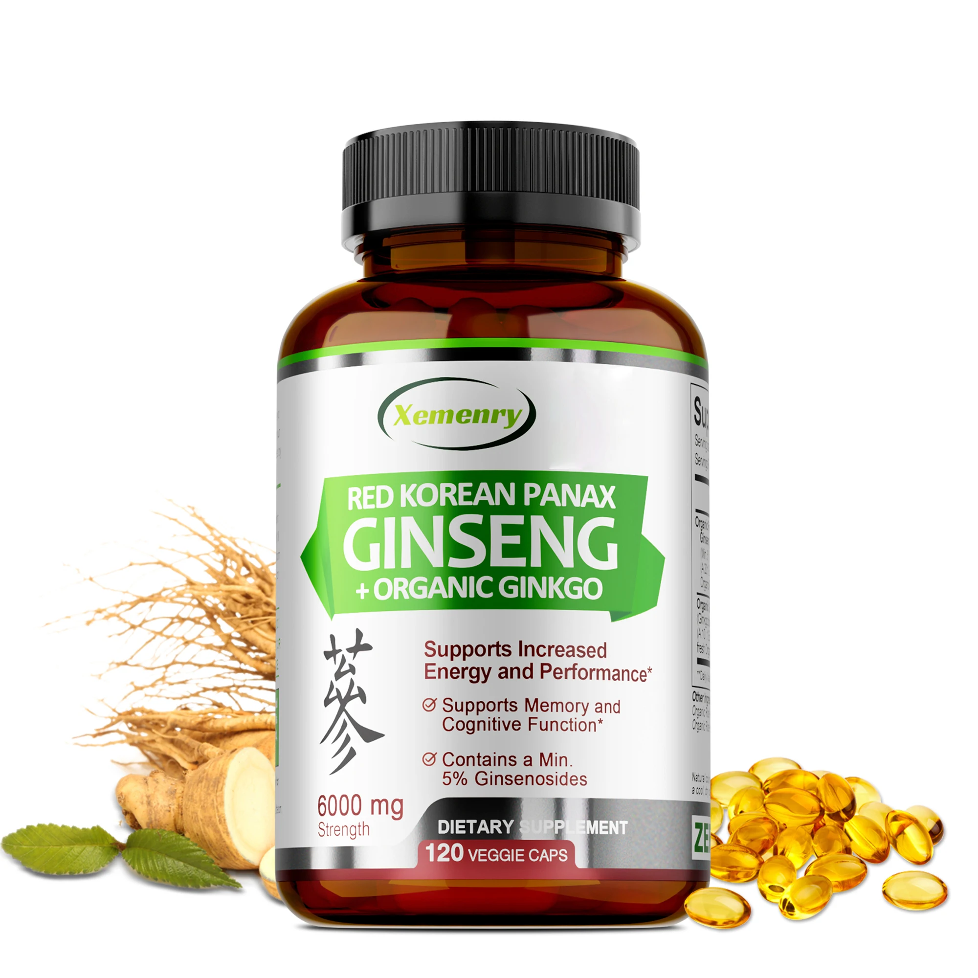 Korean Red Panax Ginseng + Ginkgo Biloba - Supports Brain Function and Immune Health, Cognitive Function, Non-GMO