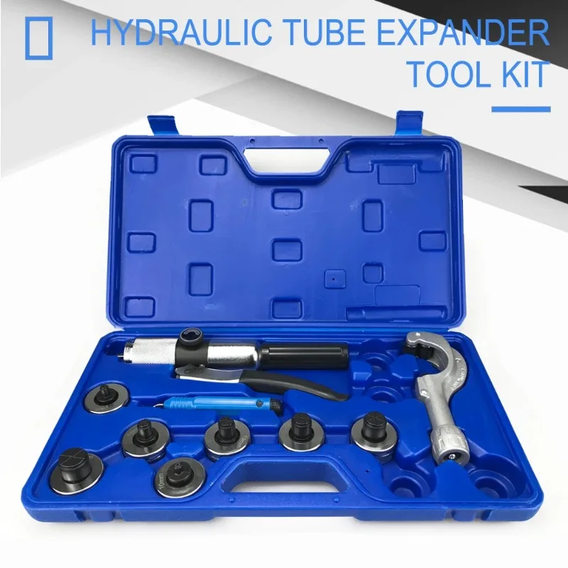 Hydraulic tube expander tool kit, including 7 tube expansion heads, deburring tools, copper tube tools, and refrigeration tools