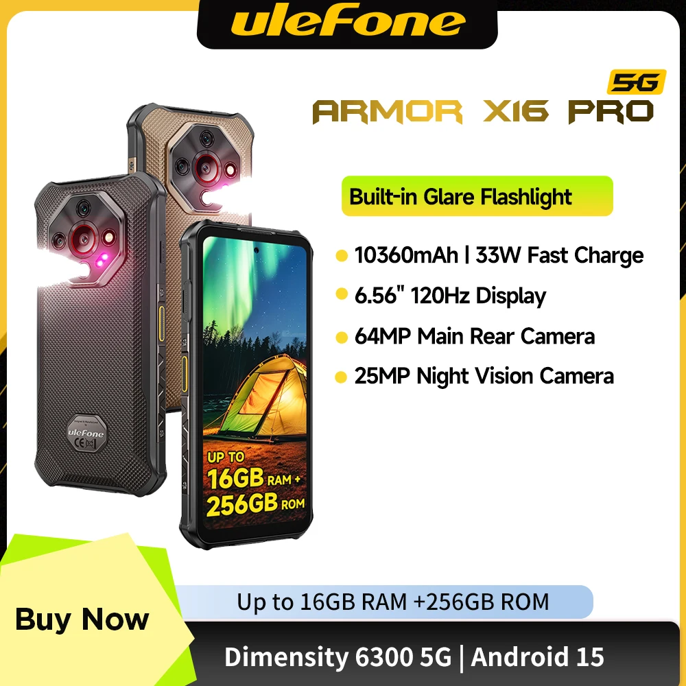 Ulefone Armor X16 Pro 10360 мАч бликовый фонарик 5G прочный телефон смартфон Android 15 до 16 ГБ + 256 ГБ 64 МП основная камера 6,56 дюйма 120 Гц