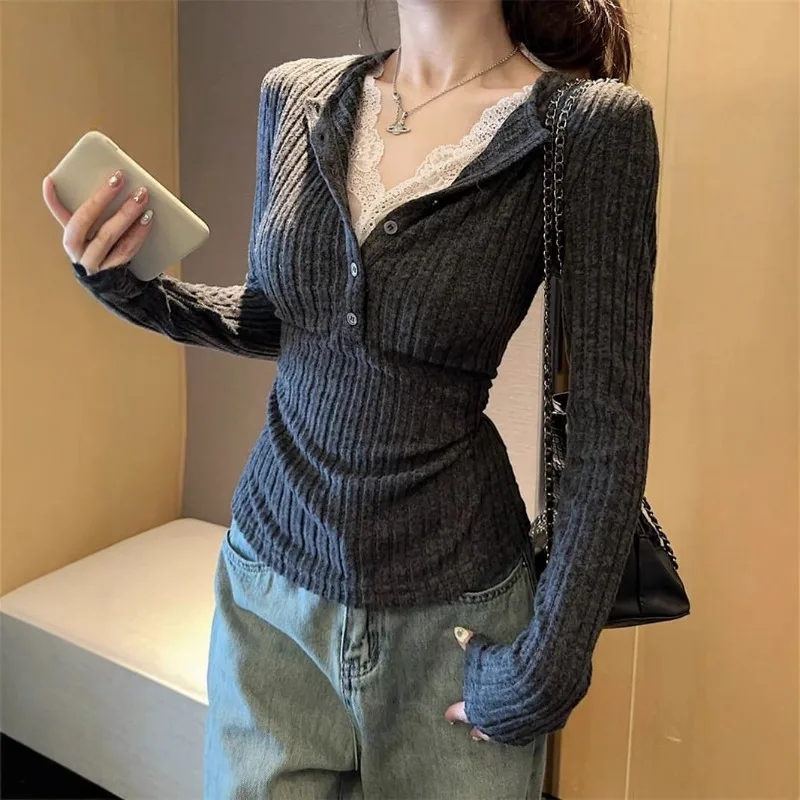 

New Autumn Clothing for Women Chic Slim Fit Knitted Top with Pit Strip Stitching Lace Edge