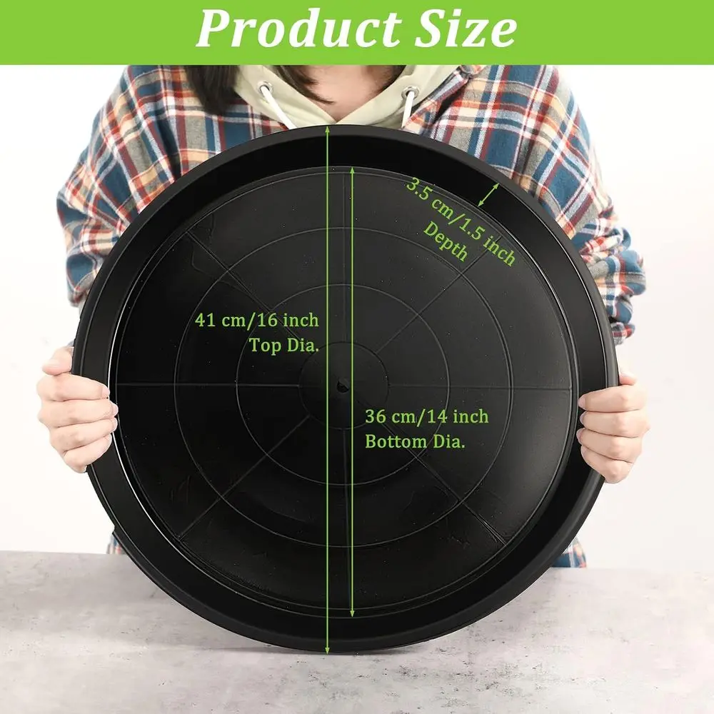 12-Pack Large Round Plastic Plant Trays - Heavy Duty Drip Saucers for Indoor and Outdoor Use, 16 Inch, Black