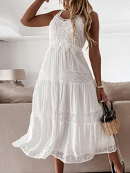 Casual Summer Sleeveless Dress Chic Women V Neck Hollow Out Party Dress Elegant Lady Solid White Streetwear Maxi Dresses Vestido
