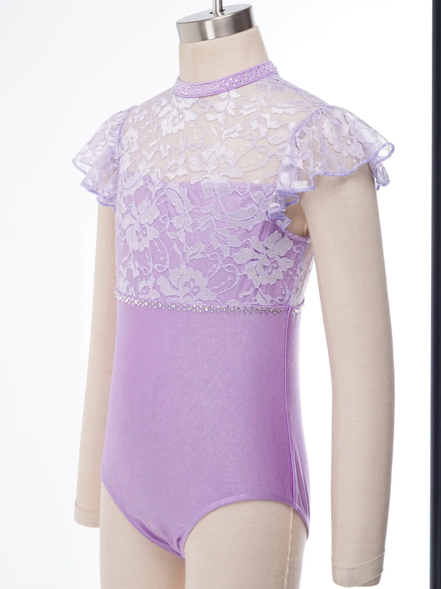 Girls Lace Patchwork Ballet Dance Bodysuit Ruffled Sleeve Cutout Back Rhinestone Button Crotch Stretchy Quick Dry Recital Show