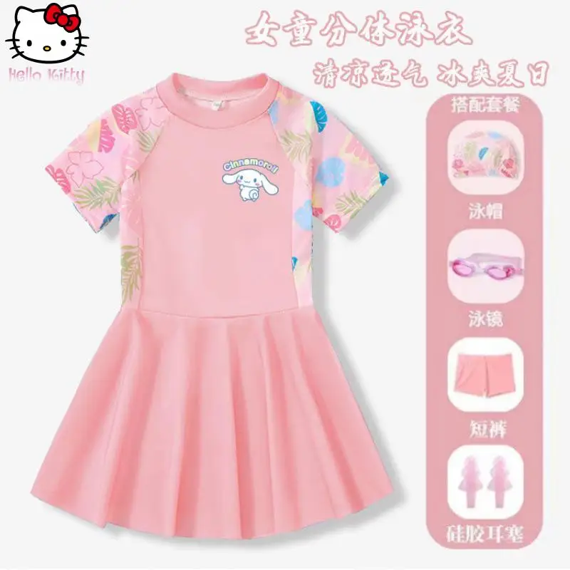 

Детский купальник Hello Kitty с юбкой и изображением животных, пляжные шорты для девочек с милым мультяшным рисунком, быстросохнущий дышащий купальник с короткими рукавами