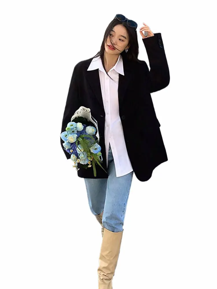 Długi garnitur damski, koreański styl, ekskluzywny design, wiosna-jesień, nowa moda, dopasowany krój, elegancki, z rozcięciem.