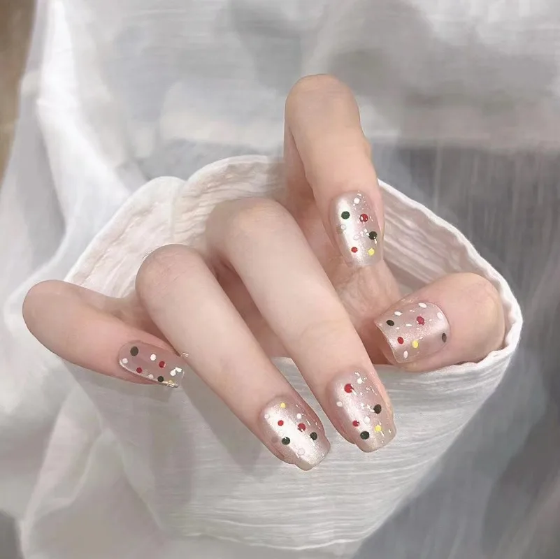 Uñas postizas con diseño de ojo de gato para niñas, uñas postizas coloridas de lunares, ovaladas cuadradas brillantes de verano, 24 piezas