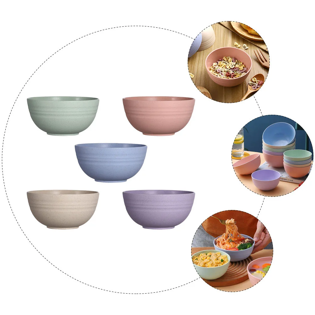 

5Pcs Wheat Straw Bowls Food Grade Plastic Rice Soup Noodle Salad Fruit Containers Multifunctional Kitchen Tableware Set
