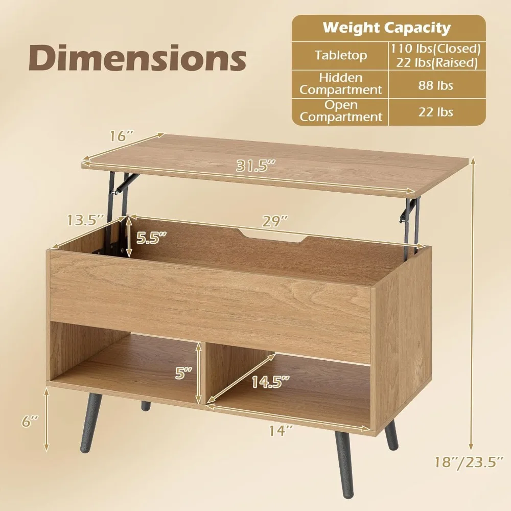 Modern Lift Top Coffee Table with Hidden Storage and Two Open Shelves