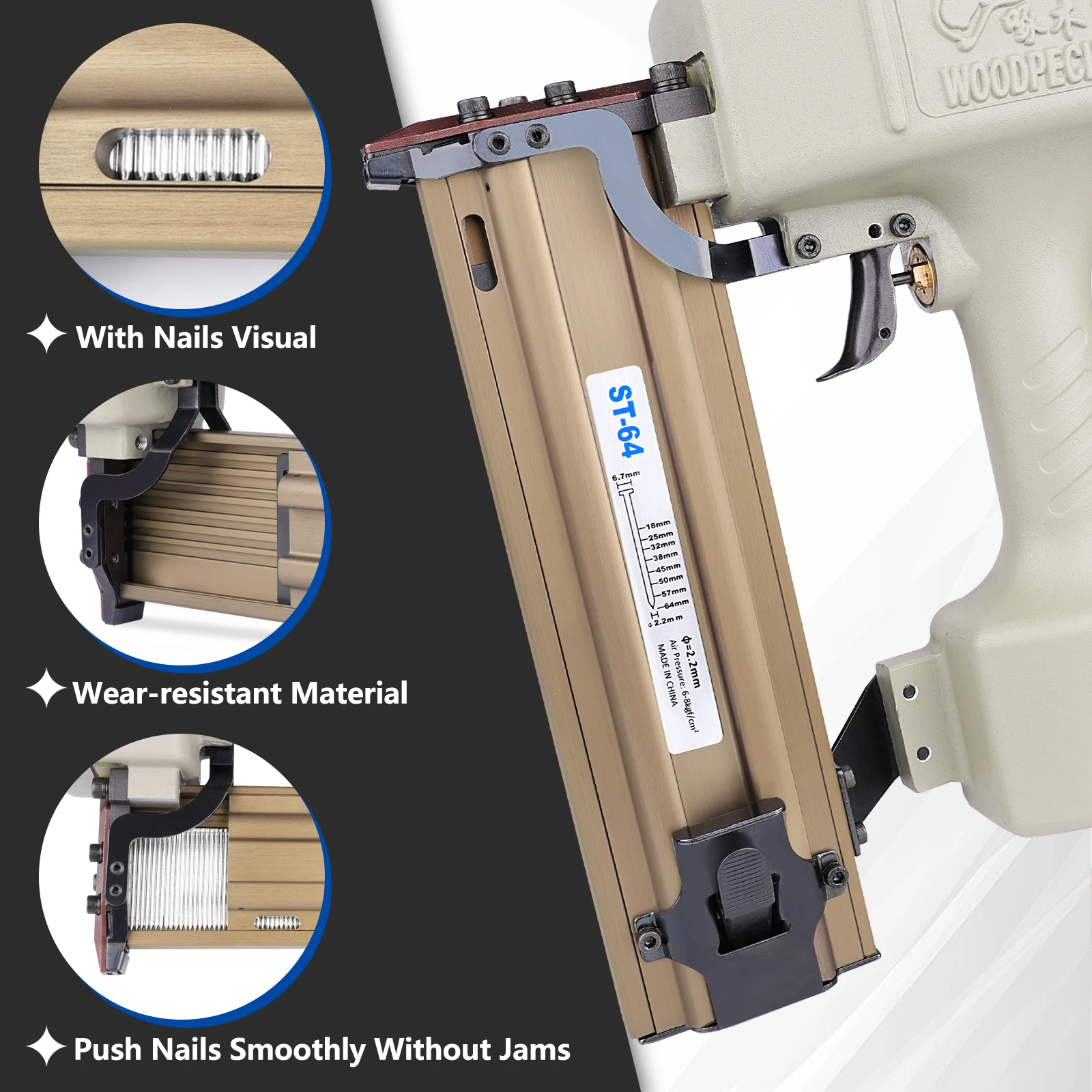 WOODPECKER W-ST64 14 Gauge Heavy Duty Pneumatic Concrete T Nailer with 800 PCS ST18 Concrete T Nails  for Furniture view 3