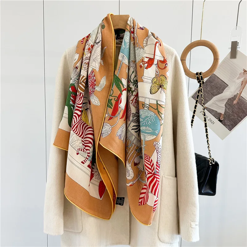 Luxury Design Double Sided Silk Wool Scarf Women Giant Hand-rolled Edges Shawls Winter Accessories Square Scarves Stole Foulard