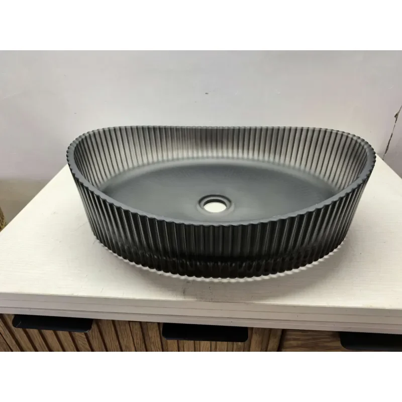 Fumigated Boat Shaped Crystal Glass Sink Grooved Concave Countertop Bathroom Washbasin for Vanity Cabinet