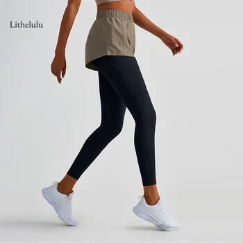 Kadın Legging sahte iki parçalı Yoga spor pantolon yaz bahar yüksek bel egzersiz spor sıkı pantolon spor Yoga