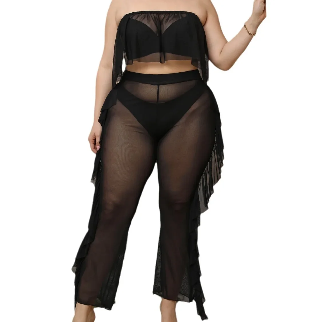 Ensemble de plage sexy en maille transparente grande taille pour femme – Pantalon long et haut deux pièces – Tenue de vacances et de plage