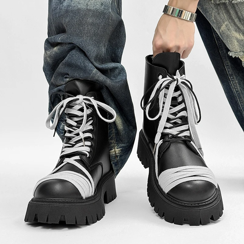 Bottines en cuir noir pour hommes, avec lacets blancs, semelle à plateforme épaisse, chaussures élégantes de Style Punk pour la mode en avant