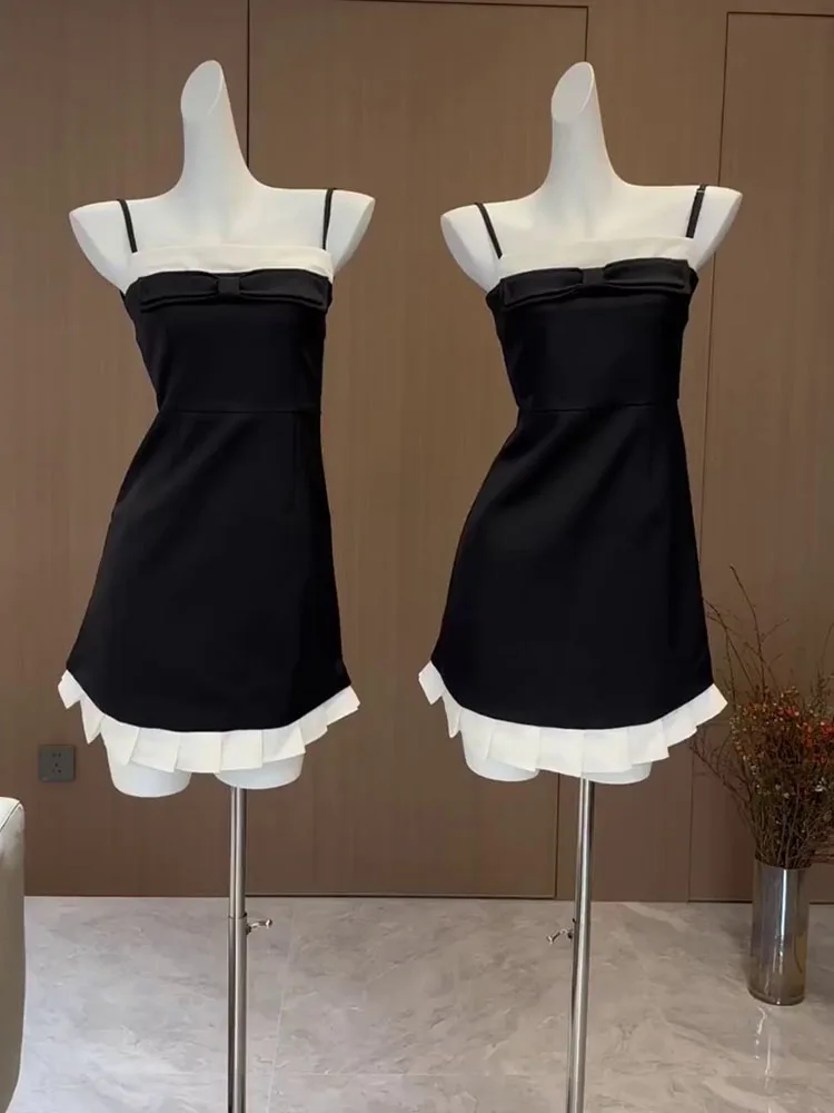 Spring Summer Fashion Patchwork Spaghetti Strap Dress Women One-Piece Frocks Clothing Black Vestidos Bow New Design Streetwear