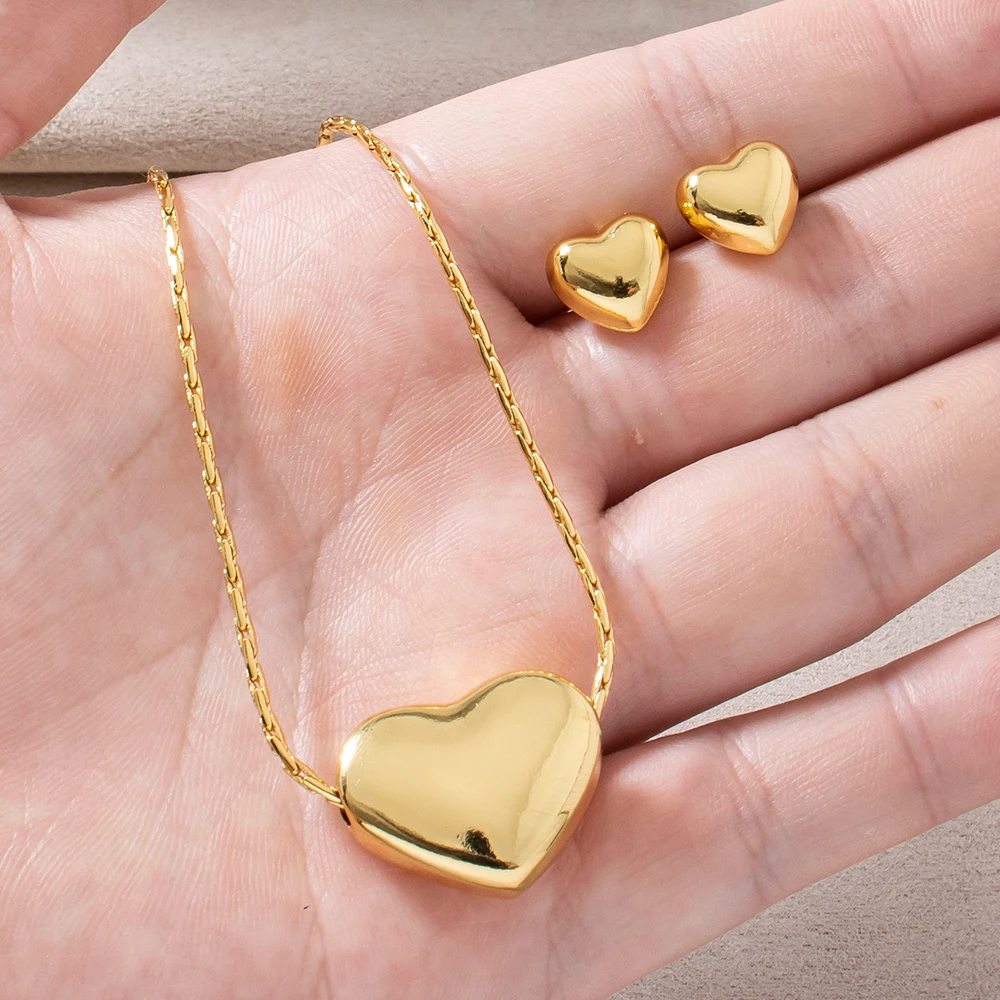 Trendy Glossy 3D Puffy Heart Gold Plated Jewelry Set Women, Necklace and Heart Stud Earrings, Minimalist Daily Wear Jewelry