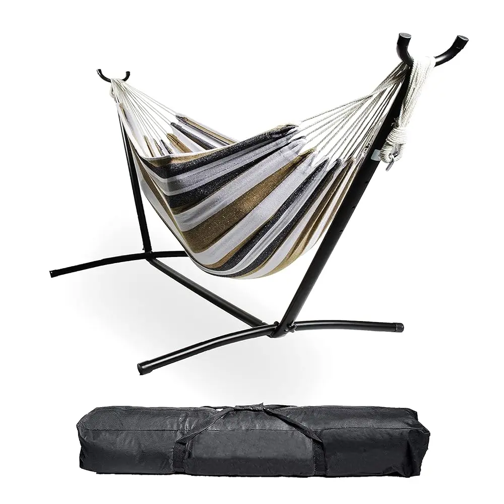 

Backyard Expressions - 914921 - Portable Double 2 Person Outdoor Hammo With Stand - Brown And Gray - 9 X 3 Foot Hammock