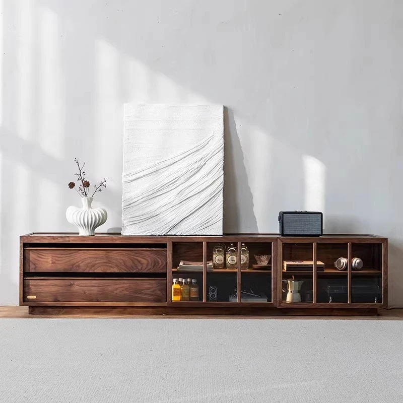 Black walnut solid wood TV cabinet, simple living room home floor solid wood small apartment glass with ambient light video cab