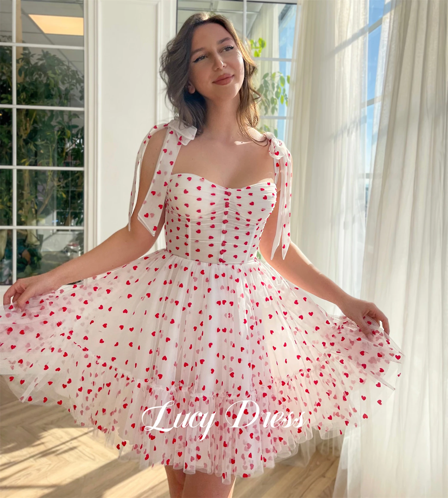 Lucy Cocktail Mesh Mini Skirt Three-dimensional Love Decoration Party Dress Robe De Soiree Femmes Dresses Gala Evening Gown