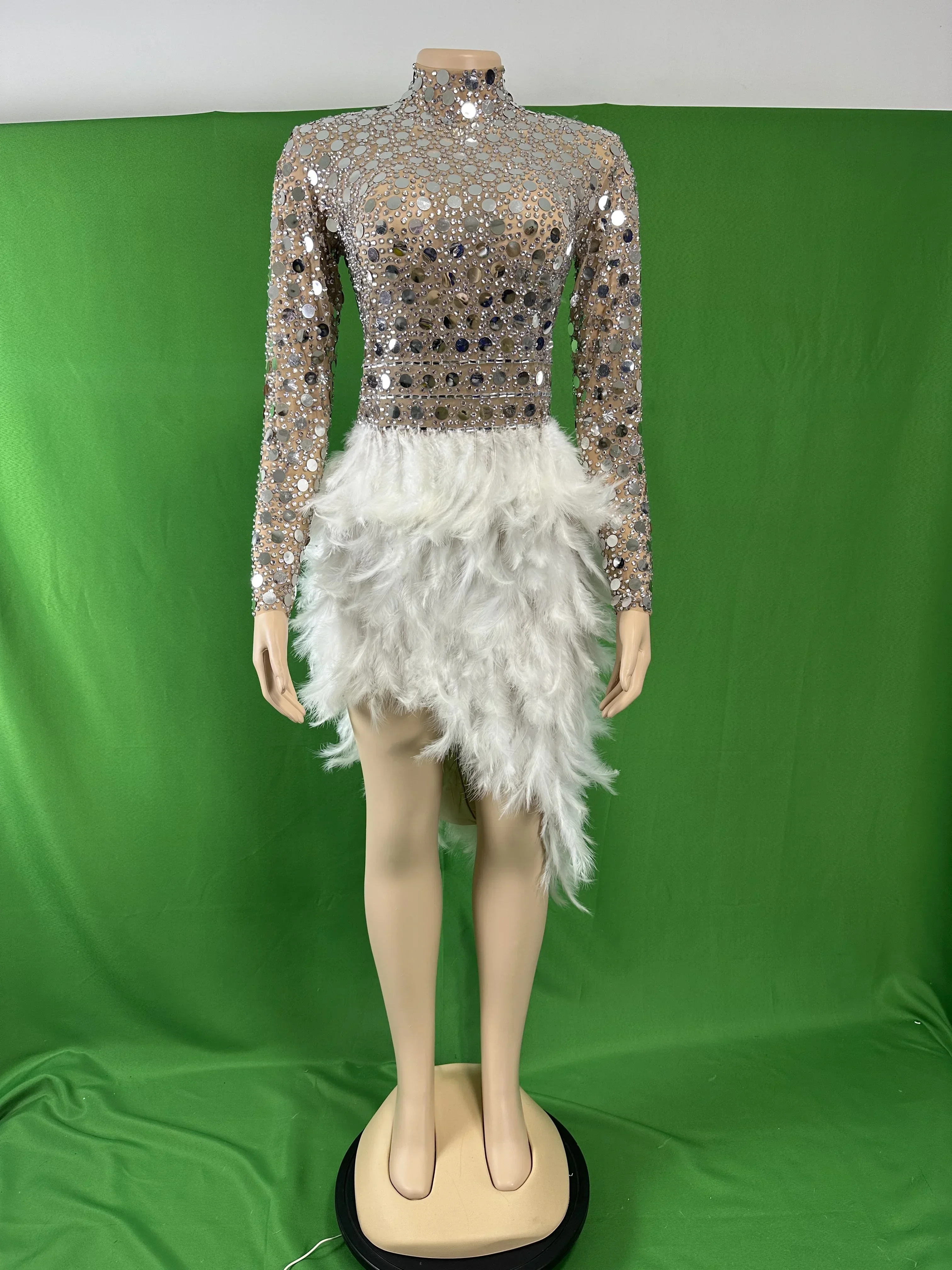 Sparkly Sequins Women White Feather Dress Party Birthday Singer Dancer Stage Performance Drag Costume Carnival Rave Festival