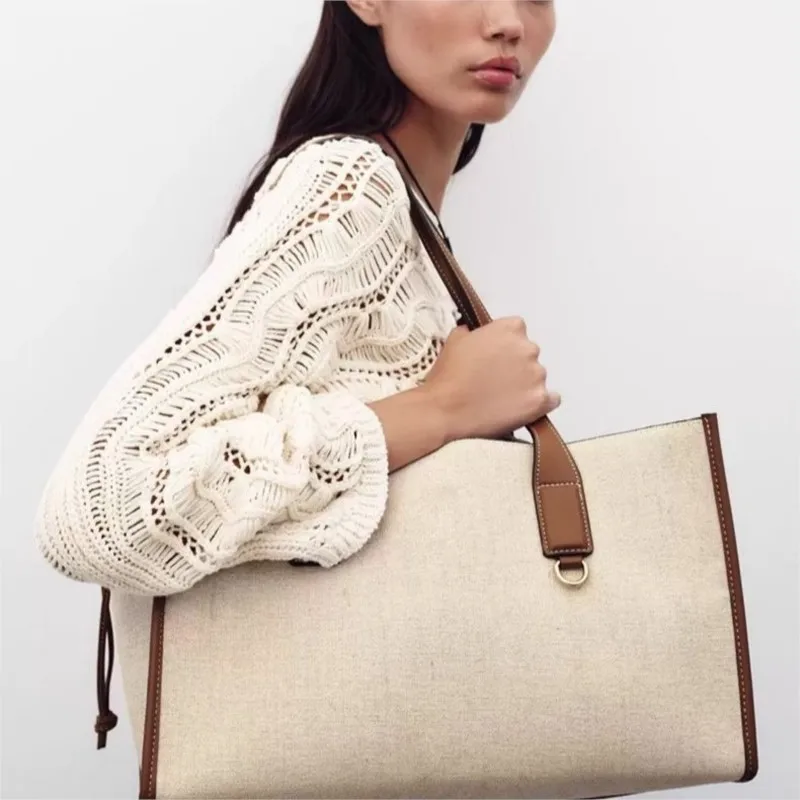 JIAERDI Beige Color Blocking Tote Bag Women Vintage Canvas Large Capacity Shoulder Bag Ladies Casual Everyday Drawstring Handbag