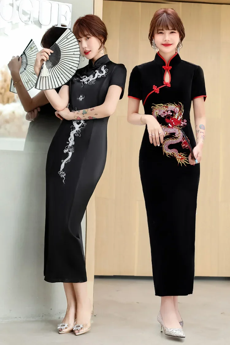 

Женское платье Cheongsam с вышивкой дракона, тонкий гладкий вискоза, винтажные длинные китайские традиционные костюмы, платья Ципао