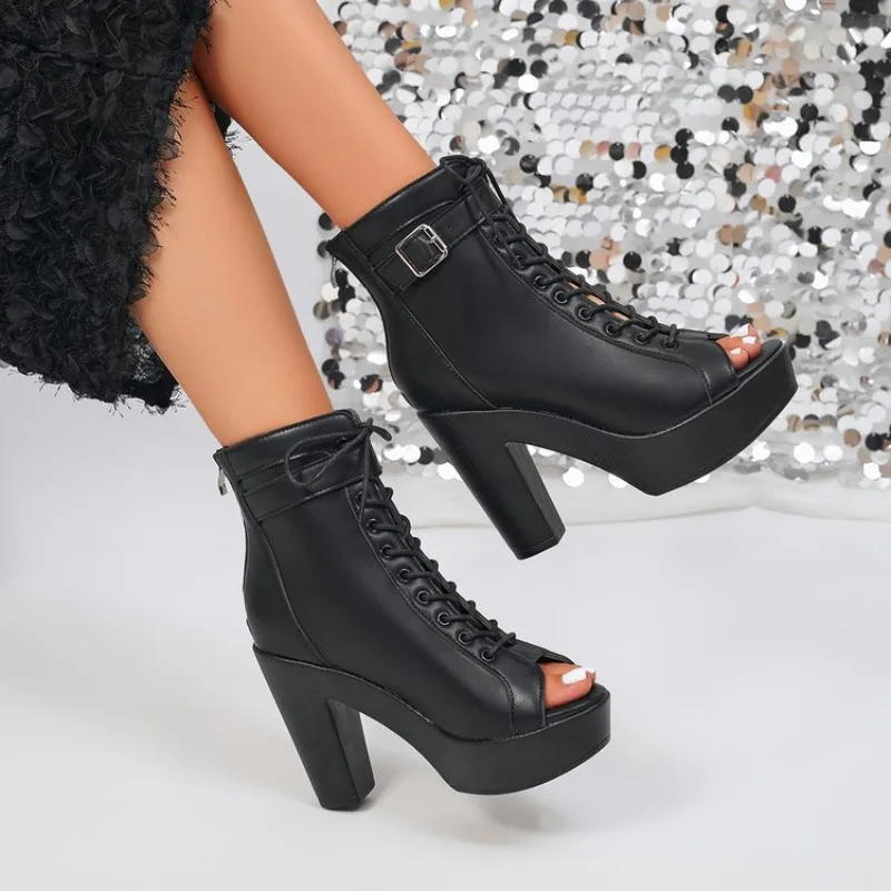 

Модные босоножки на толстом высоком каблуке с вырезом «рыбий рот» для танцевальных вечеринок, коллекция 2026 года (Европа и США)