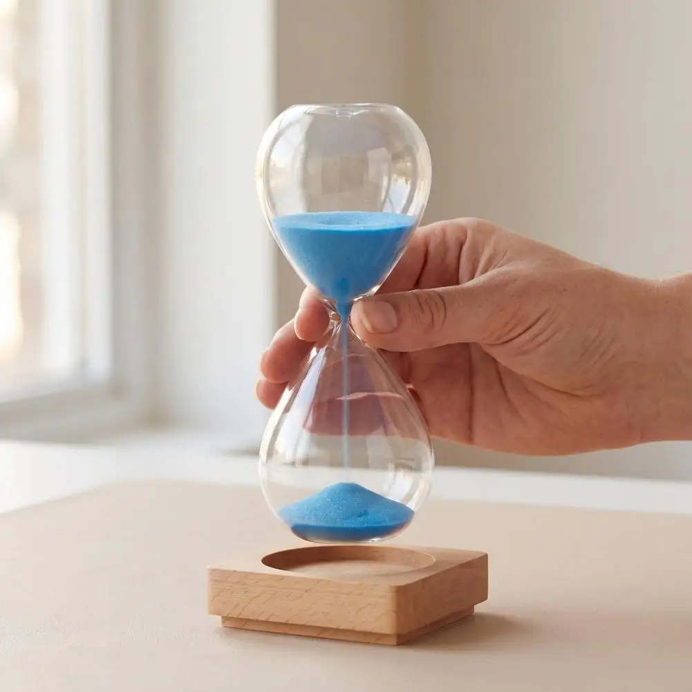5 Minutes Glass Hourglass Timer with Wooden Base, Modern Decorative Sand Timer Drop Shape Sand Clock for Study Time Management