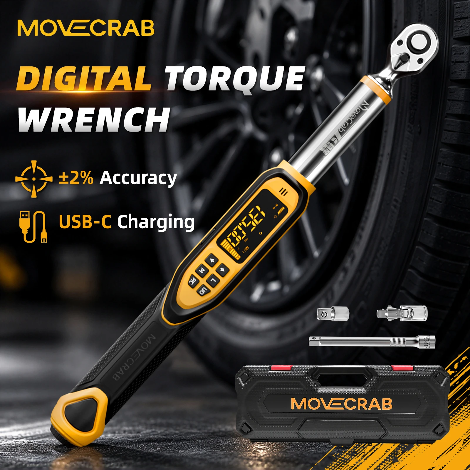 MOVECRAB Upgraded Digital Torque Wrench 1–340 N·m, ±2% Accuracy, LED Backlit Display, USB-C Charging, for Auto Repair