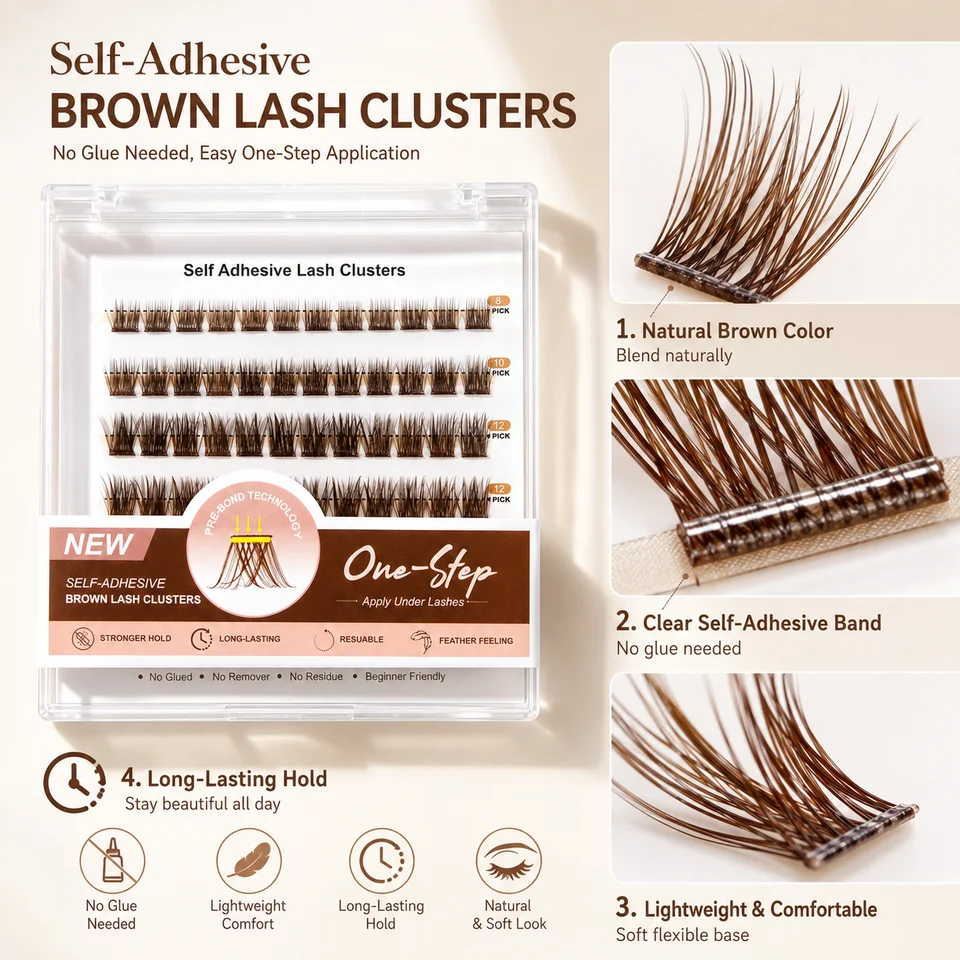 Rizos de pestañas autoadhesivos color marrón, sin necesidad de pegamento, 60 piezas, extensiones de pestañas autoadhesivas con curva C natural, 6