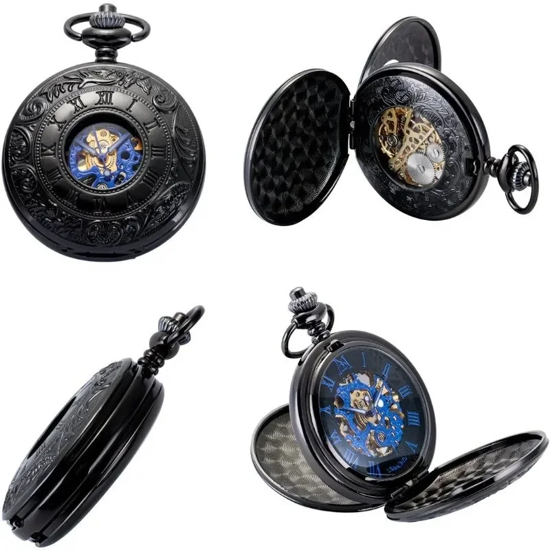 Mechanical Roman Numerals Dial Skeleton Pocket Watches with Box and Chains for Mens Women