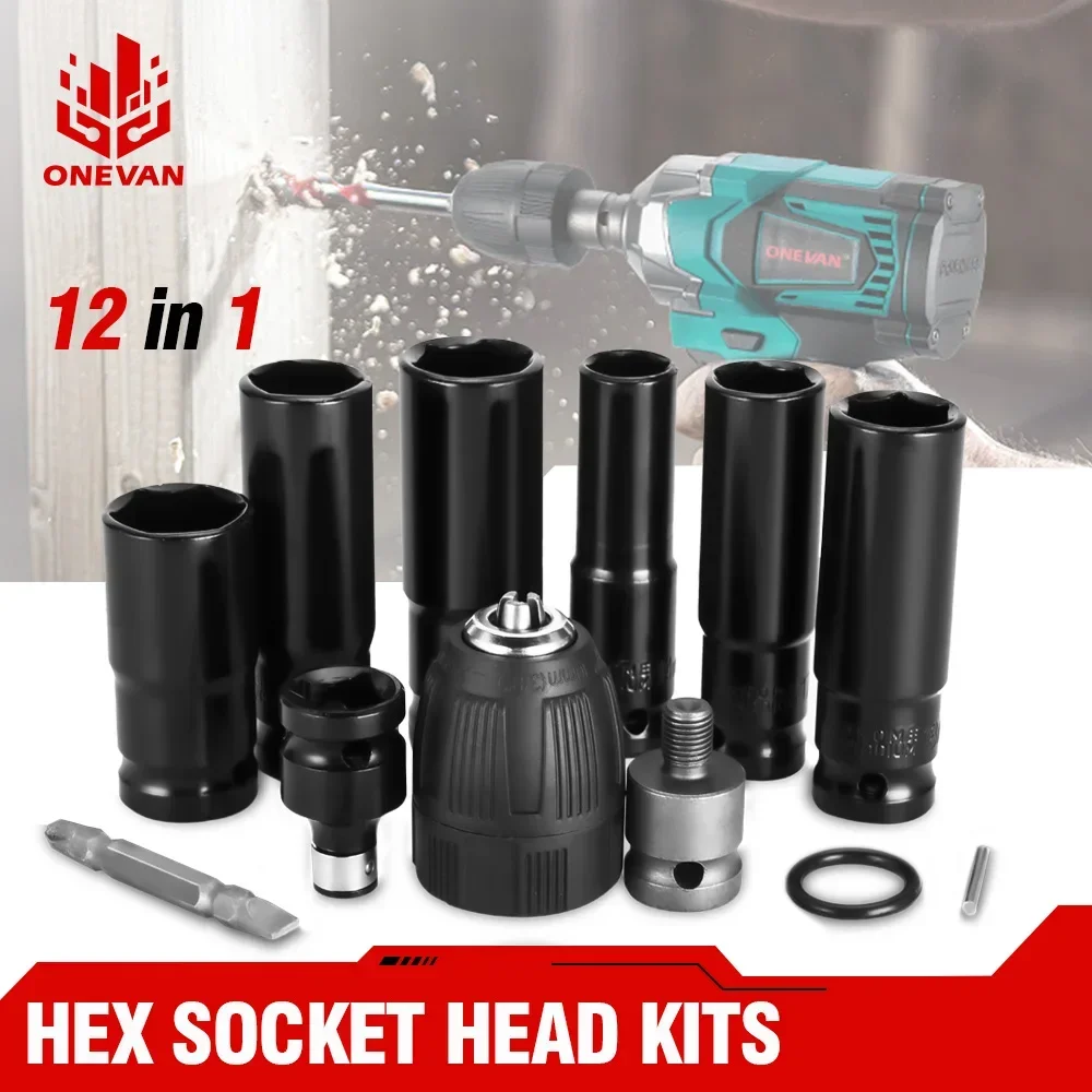 ONEVAN 12PCS Metal Sleeve Kit Electric Wrench Screwdriver Hex Socket Head Set for Impact Wrench Drill Power Tools