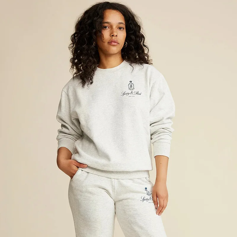 New North American niche Sporty&Rich letter crown printed women's sportswear for autumn and winter, fleece sweatshirt